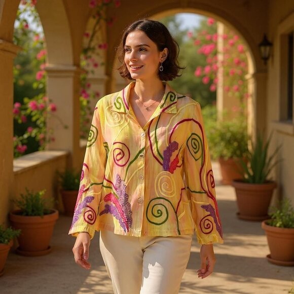 Vintage The Travel Collection Yellow Silk Embroidery Jacket 1X - Picture 1 of 6